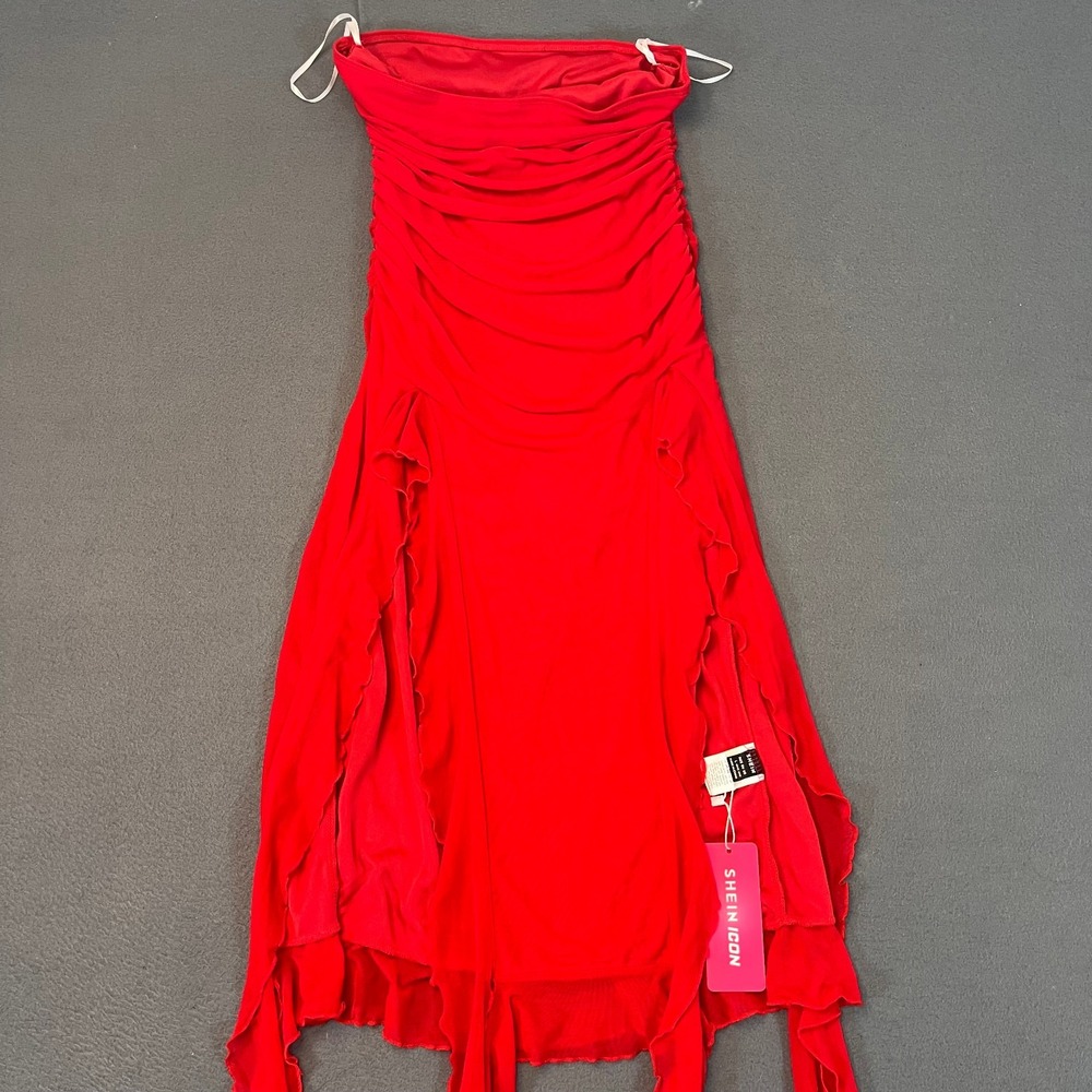Shein Red Strapless Bodycon‎ Dress Women's Lg Fringe Ruffle Fairycore Whimsical